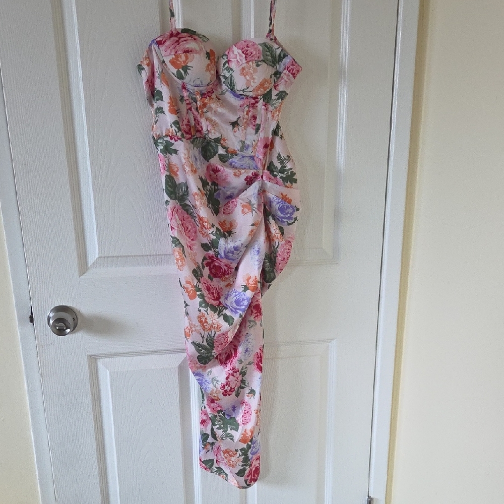 Cider Illusion Ruched Floral Midi Dress - Pink, Green, Purple